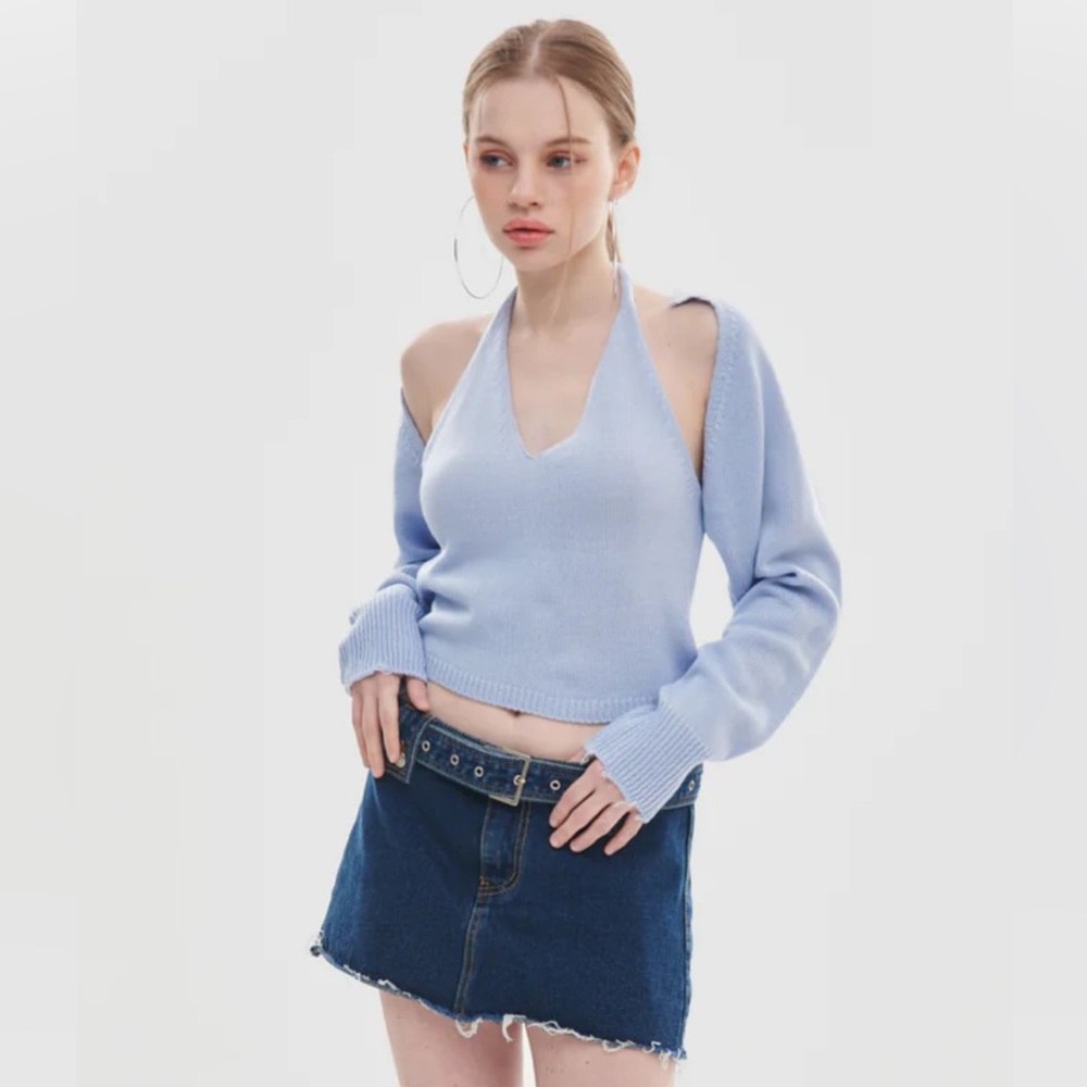 GATELESS NWOT Micro Denim-Dark Blue Denim Mini Skort w/Grommet Belt $80 Small